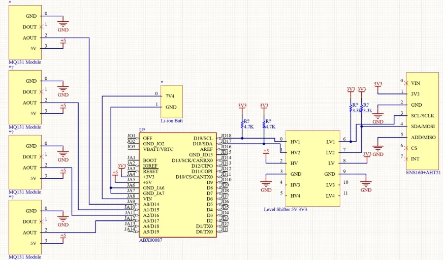 Sensor array schematic with MQ-131 modules, ENS160+AHT21 and level shifting